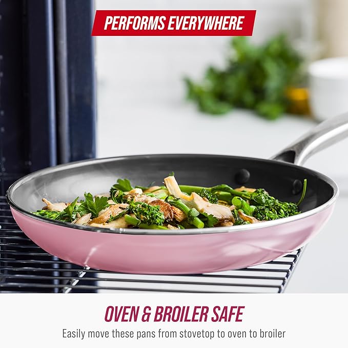 Blue Diamond Frying Pan 8” Skillet, Diamond Infused Healthy Ceramic Nonstick, PFAS and PFOA-Free, Dishwasher and Oven Safe, Even Heating, Metal Utensil Safe, Warp Control Base, Pink