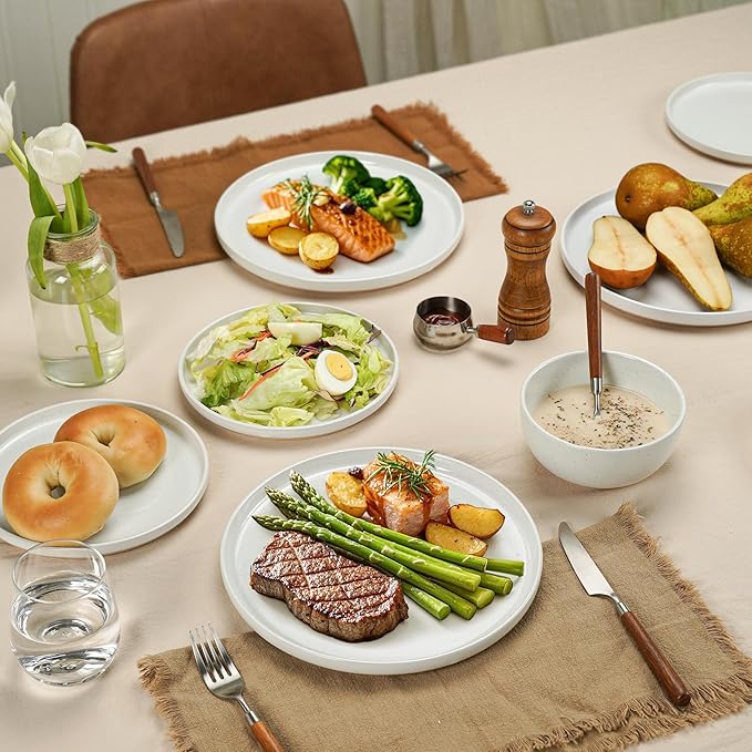 24 Pieces Farmhouse Stoneware Dinnerware Set for 8, Speckled Ceramic Plates and Bowls Set, Matte Terracotta Underside Ceramic Dish Set Scratch Resistant Microwave Dishwasher Safe (Daylight)