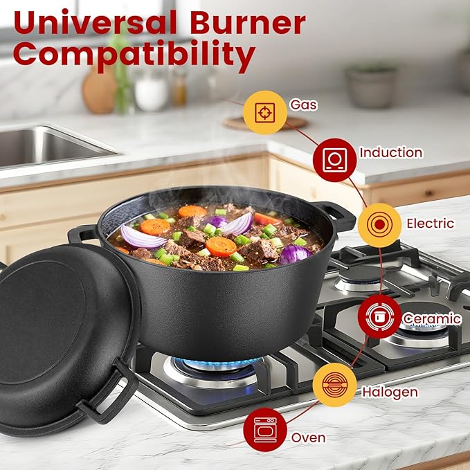 ARC 5QT Cast Iron Dutch Oven for Bread Baking with Skillet Lid, Sourdough Bread Baking Supplies Kit inc. Proofing Basket & Lame, Dutch Oven Pot for Sourdough, Braising, Frying, Bread Oven