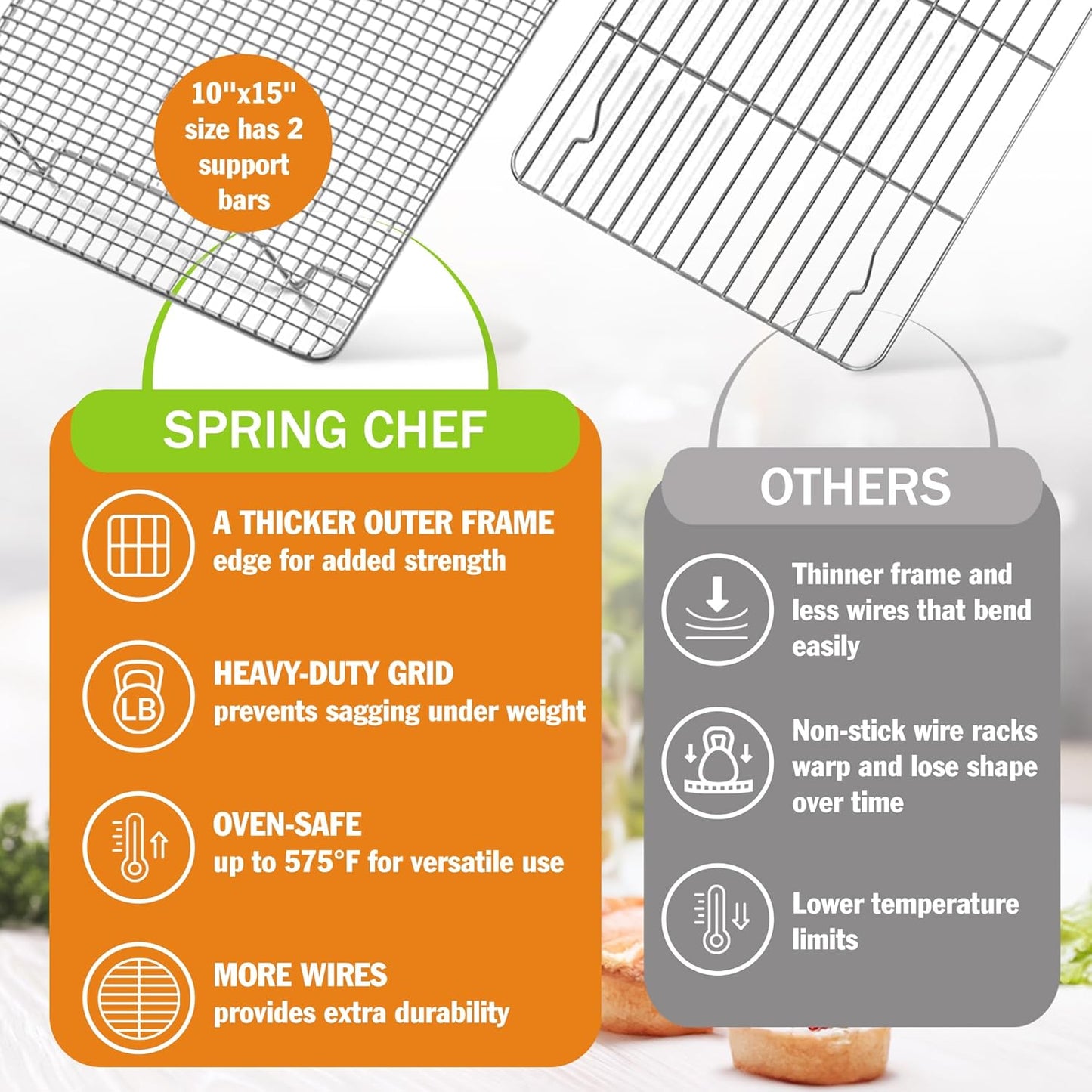 Spring Chef 10" x 15" Stainless Steel Cooling Racks for Baking - Oven Safe - Cookie Racks for Cooling Cookies - Fits Jelly Roll Pan - Perfect for Grilling, Roasting, Cooking, Drying - Set of 2