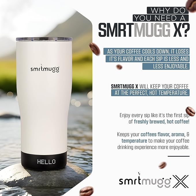 X Heated Coffee Mug 19 oz., 8 Hour Battery Life, Self-Heating, Adjustable Temp Controlled, LCD Screen, Includes Cover with Magnetic Slider (Black) (White)