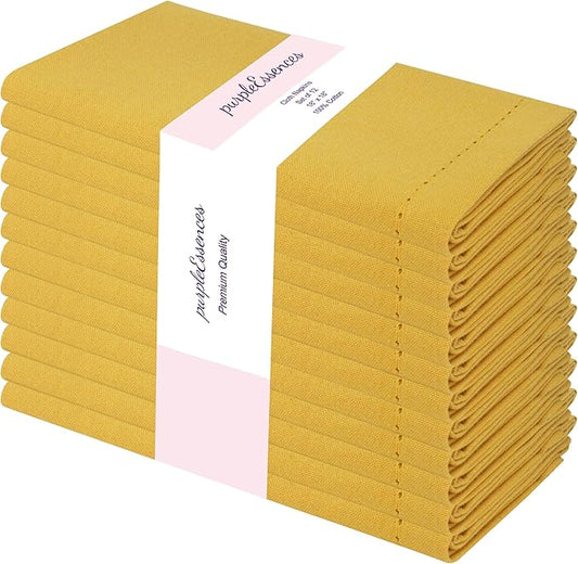 PurpleEssences Set of 12 Hemstitch Cloth Dinner Napkins 100% Cotton - Soft Durable Washable - Ideal for Wedding Christmas Holiday Winter - Perfect Everyday Use Table Linen 18x18 - Golden Yellow