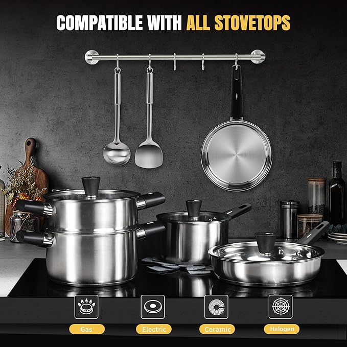 Meythway Stainless Steel Cookware Set Non Toxic, 14PCs Stainless Steel Pots and Pans Set with Stay-Cool Handles, Kitchen Induction Cookware with Steamer, Utensil Sets and Pot Protectors