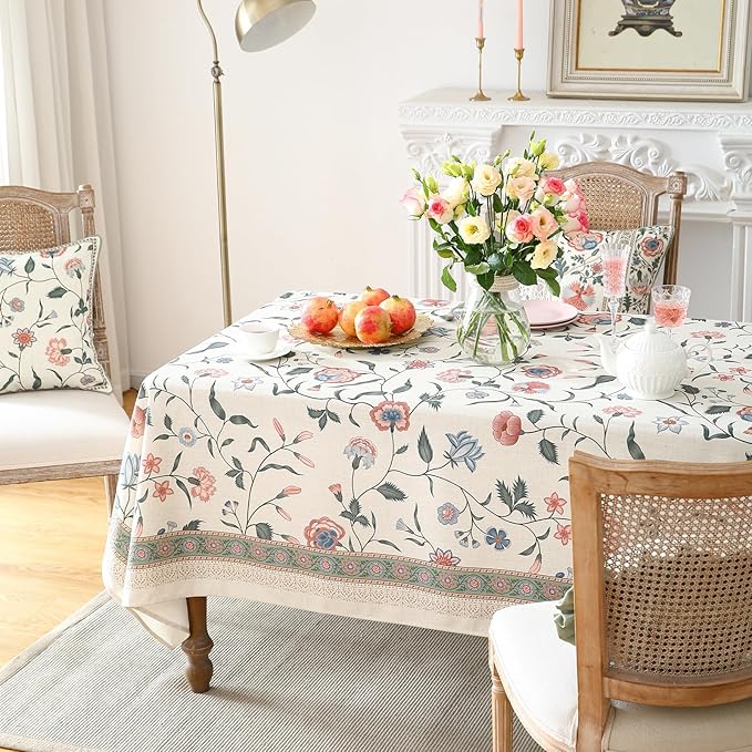 French Tablecloth for Rectangle Tables,Linen Table Cloth with Pink Flowers and Leavs Pattern,Heavy Durable Table Cover for Dining Thanksgiving Kitchen Decor Party Christmas,63"*110"