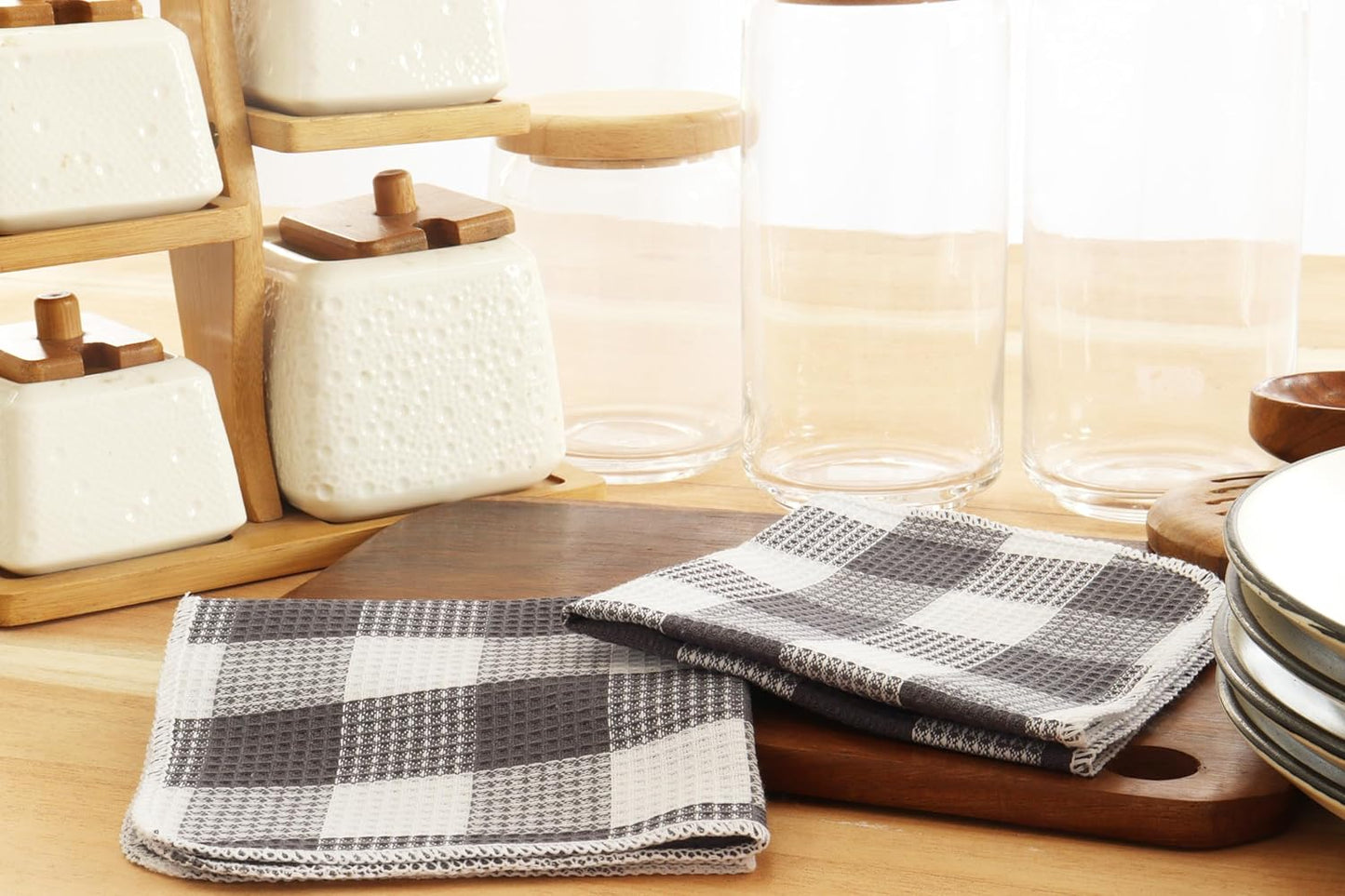 Waffle Weave Plaid Dish Cloths, 100% Cotton - 12 x 12 Inches, Ultra Soft Absorbent Quick Drying Dish Towels Buffalo Check Dish Rags for Kitchen, 6 Pack - Spring Summer - Steel Grey and White