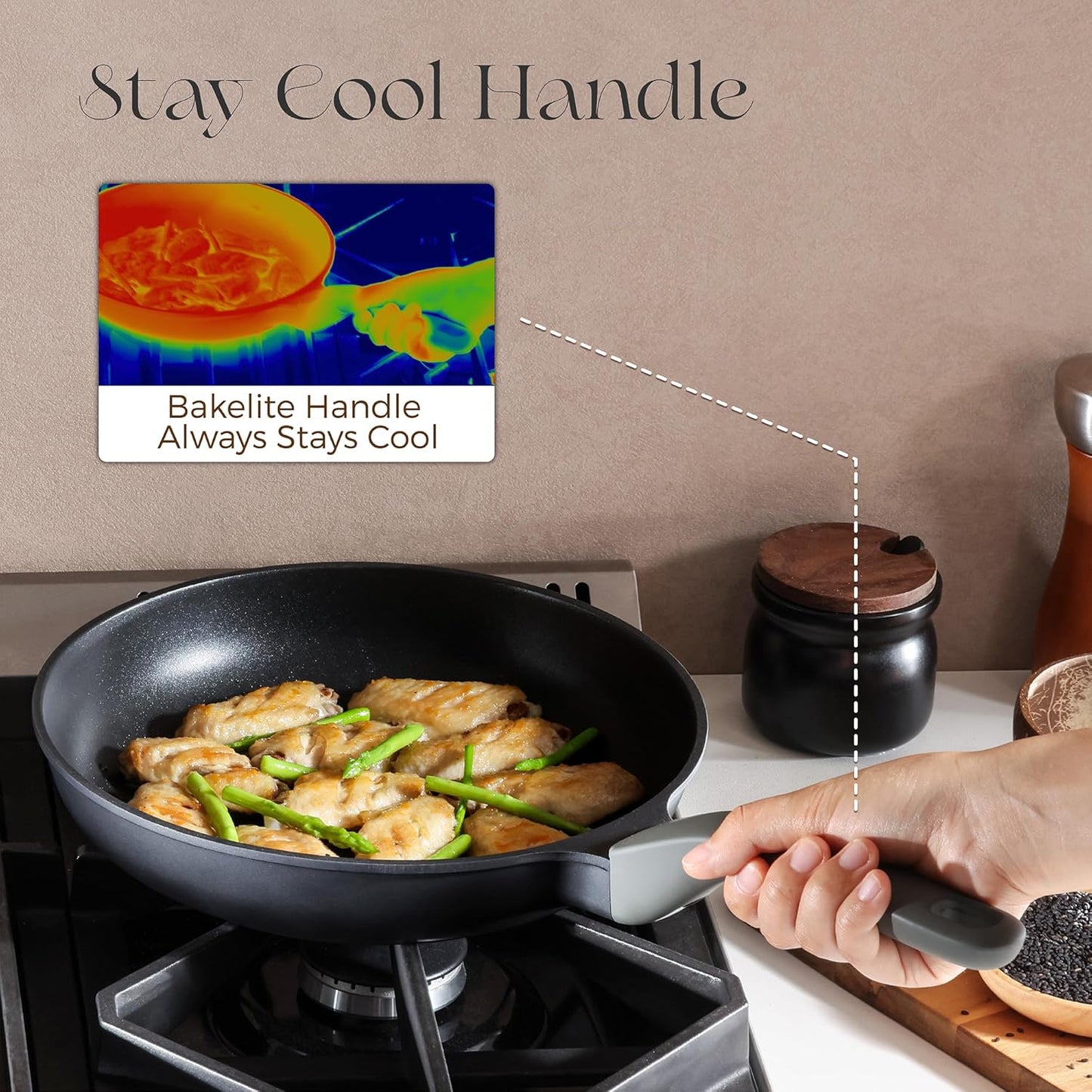 PRICUSIS Nonstick Ceramic Frying Pan with Lid, 8/10 Inch Skillet with Stay Cool Handle, Fully Coated, Induction Compatible & Oven Safe, 100% Dishwasher Safe, PTFE & PFOA Free（10 Inch, Black Sesame）