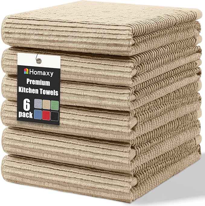 Homaxy Premium Kitchen Towels (18"x 28", 6 Pack), Large 100% Cotton Kitchen Hand Towels, Ultra Absorbent Ribbed Terry Tea Towels Set with Hanging Loop, Khaki
