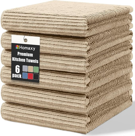 Homaxy Premium Kitchen Towels (18"x 28", 6 Pack), Large 100% Cotton Kitchen Hand Towels, Ultra Absorbent Ribbed Terry Tea Towels Set with Hanging Loop, Khaki