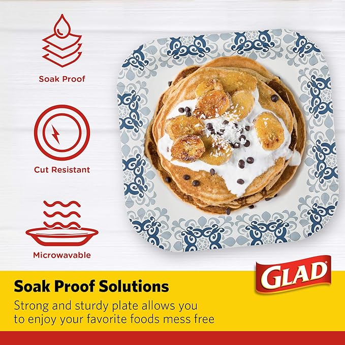 Glad 10" Square Paper Plates | Soak Proof, Disposable, Strong & Heavy Duty | 50 Ct White With Blue Victorian Design (12 Pack, 600 Total)