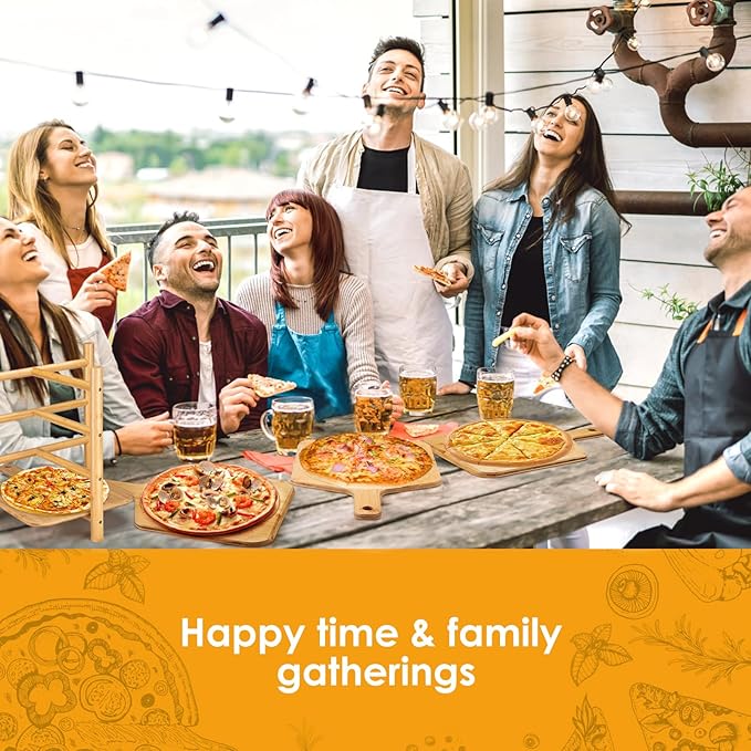 4 pcs Pizza Peel with Stand Smooth Pizza Paddle Pizza Cutting Board with 6 Slice Grooves Premium Serving Tray with Stainless Steel Pizza Cutting wheel and Pizza Shovel