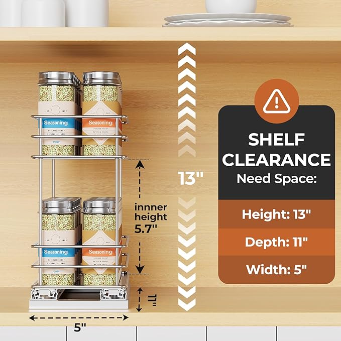Pull Out Spice Rack Organizer for Cabinet, Slide Out Spice Racks, Easy to Install, 4.0''Wx10.35''Dx8.26''H, 1 Drawer 2 Tiers(Silver)