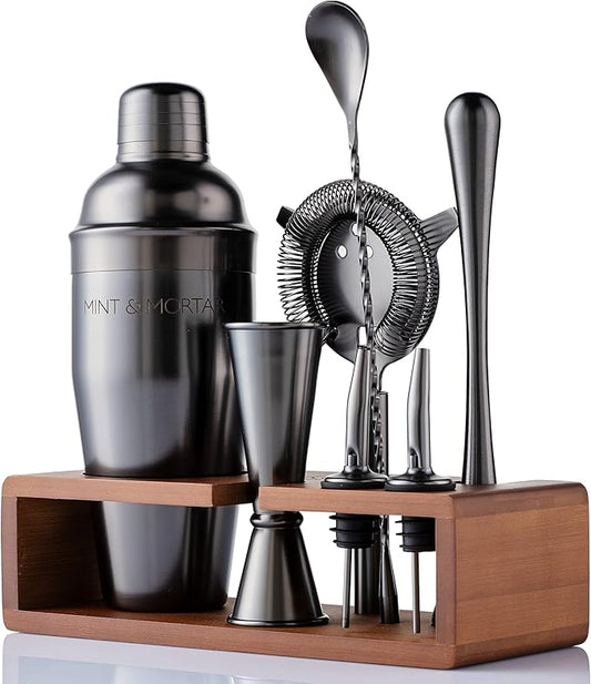 Mint & Mortar Cocktail Shaker Set, 7-Piece Bartender Kit with Stand, 24oz Martini Shaker Bottle Stainless Steel Bar Tools, Home Bar Accessories Drink Mixer, Barware Gift Set - Gunmetal