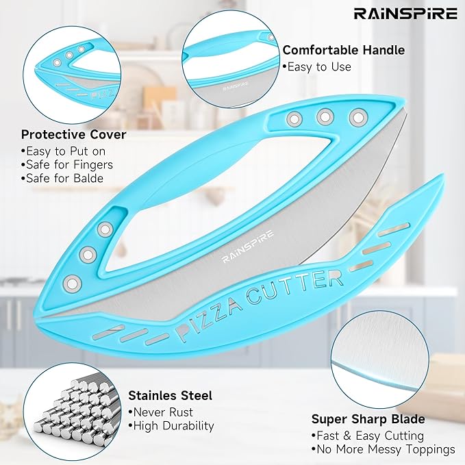 Rainspire 12" Pizza Cutter Rocker Blade Stainless Steel Pizza Rocker with Cover Sharp Blade Pizza Knife Dishwasher Safe Kitchen Gadgets Home Essentials (Blue)