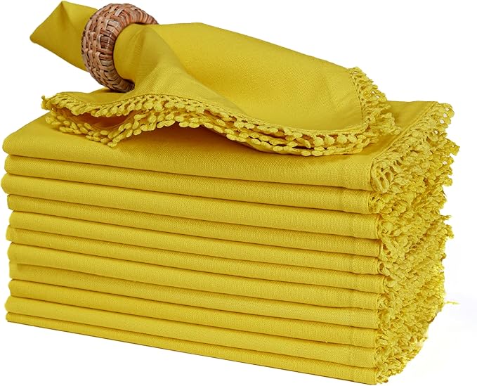 Bedding Craft Cotton Cloth Dinner Napkins Set of 12 – 18x18 Yellow with Decorative Lace Selvedge – Durable Machine Washable Fabric Napkins for Weddings, Baby Showers, Parties & Dining