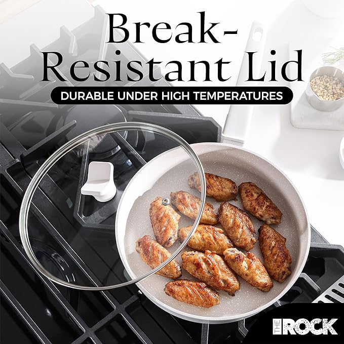 THE ROCK SOHO 9.5-Inch Non Stick Frying Pan with Lid–Nothing Sticks, Never Warps, Lasts Longer, Ceramic Non Toxic Skillet with Heat-Resistant Handle, PTFE PFOA&PFAS Free, Oven & Dishwasher Safe, Cream