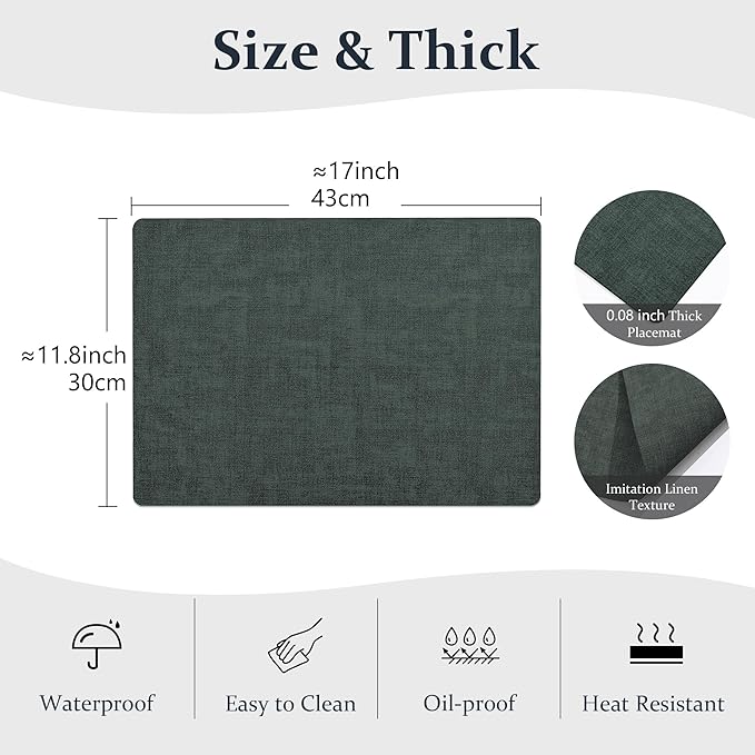 FROMHEART Faux Leather Placemats Set of 8–Waterproof,Heat/Oil Stain-Resistant PU Table Mat–Reversible,Non-Slip,Easy to Clean Place Mats for Kitchen,Dining,Indoor/Outdoor,(Dark Green,11.8" x 17")