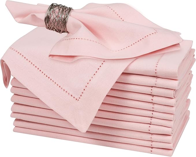 Bedding Craft Cotton Cloth Dinner Napkins Set of 12 – 18x18 Chalk Pink Hemstitched – Reusable Machine Washable Fabric Napkins for Weddings, Easter, Thanksgiving & Christmas