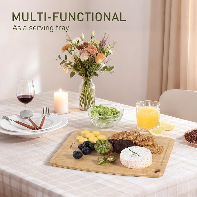 Lightweight Durable Bamboo Cutting Board with Non-Slip Feet, Reversible Wood Cutting Board with Juice Groove Easy to Store & Clean, Water-Resistant Ideal Kitchen Gift for Home Cooks