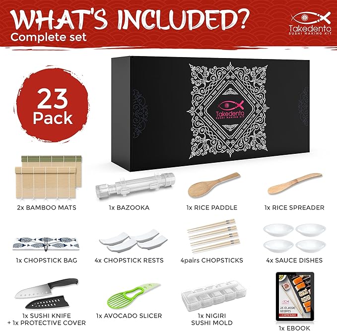 DIY Sushi Making Kit for Beginners – Transparent Sushi Bazooka – Food Grade Safe– Traditional Bamboo Sushi Rolling Mats – 23 Piece All You Need Sushi Making Kit