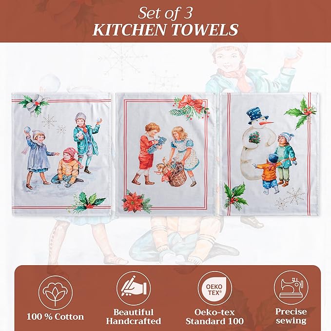 Maison d' Hermine Kitchen Towels Set of 3 100% Cotton 20" x 27.5" Reusable Cloth Tea Dish Towels Absorbent with Hanging Loop for Kitchen Dining Thanksgiving Christmas Decorations (Chromo)