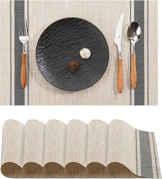 BACKTOEDEN Placemats Set of 6 Heat Resistant Washable Wipeable Placemat Woven Non-Slip Foldable Vinyl/Plastic Place Mats Indoor/Outdoor Mat Kitchen Dining Table Pad, Black Skyline