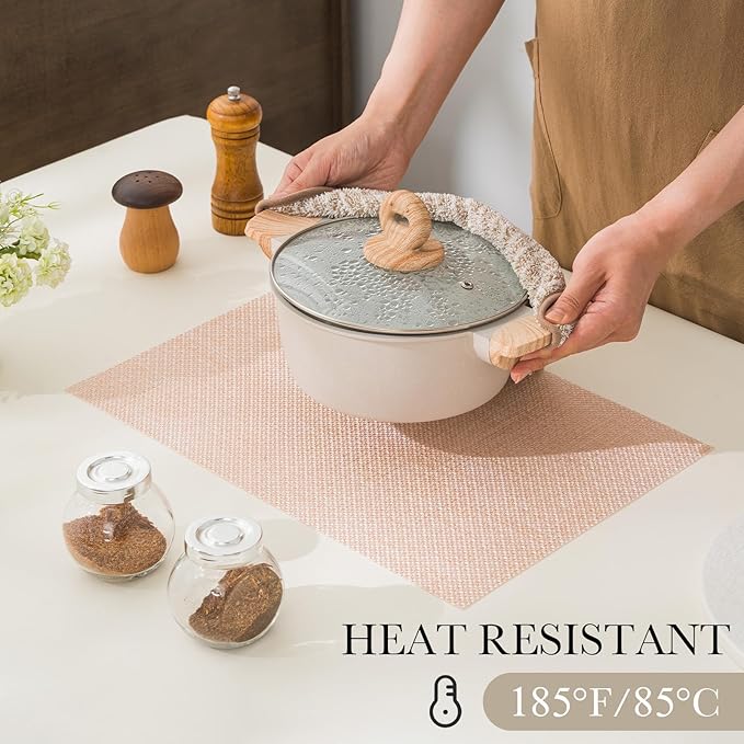 BACKTOEDEN Placemats Set of 8 Heat Resistant Washable Wipeable Placemat Woven Non-Slip Foldable Vinyl/Plastic Place Mats Indoor/Outdoor Mat Kitchen Dining Table Pad, Bright Silk Pink