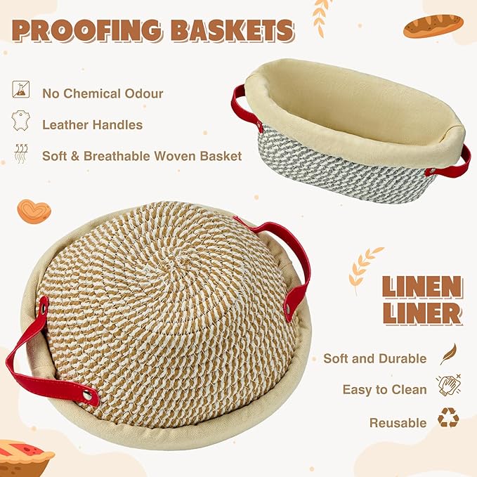 Sourdough Starter Kit, 33 Pcs Sourdough Bread Baking Supplies, 9 10 Inches Round&Oval Cotton Rope Banneton Bread Proofing Basket Set of 2, Beginner Friendly Bread Making Tools with Starter Jar