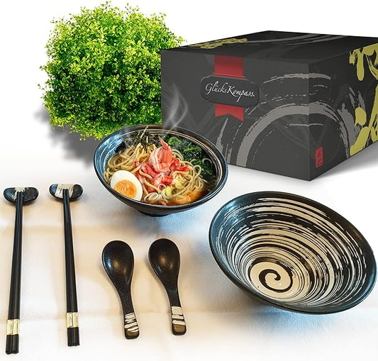 Japanese Ramen Bowl Set made of ceramic (8 pcs) with chopsticks, ceramic spoons, large 8 inches diameter, 32 oz (1 quart) | Pho Bowls Noodle Soup Bowl Asian Rice Bowl Chinese Bowl Thai
