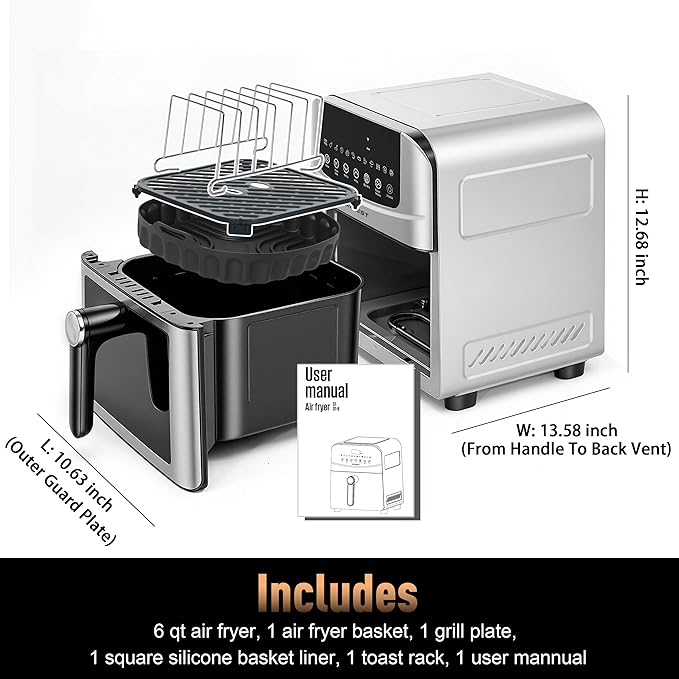 6QT Air Fryer, 2-3 Servings, 12-in-1 Dual Heats Stainless Steel & Full Metal Housing, Deep Basket with PFAS & PTFE-Free Premium Ceramic Coating, 1700W, DAYBEST Dishwasher Safe Kits (Silver)
