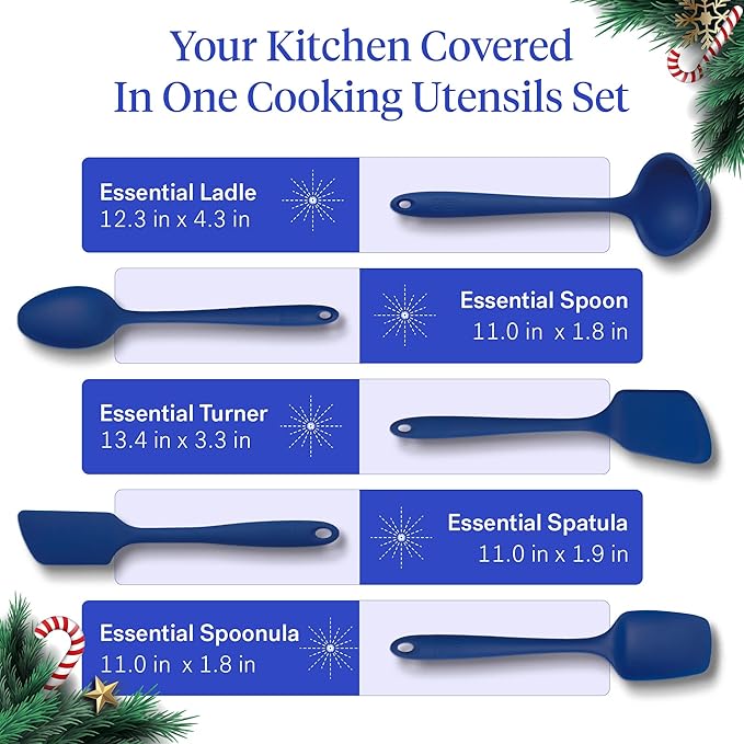 GIR: Get It Right - 5 Piece Essentials All Purpose Set - Ladle, Spatula, Flip, Spoon & Spoonula, Non-stick, Heat Resistant, Dishwasher Safe, Kitchen Utensils, Baking Supplies - Royal Blue