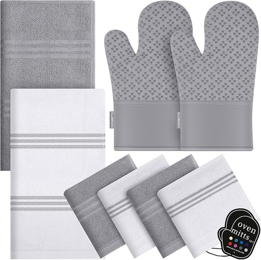 Dish Towels and Dishcloths with Oven Mitts Sets- 100% Cotton Tea Towels for Kitchen- 500 F Heat Resistant Oven Mittens 7.5"x12", Durable Dish Cloths 11.8"x11.8", Absorbent Dish Towels 13.5"x24"