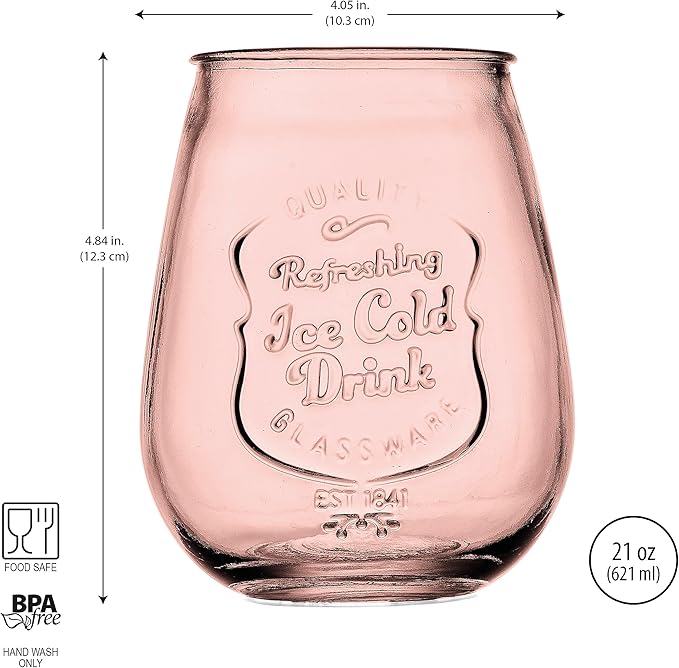 Glaver's Stemless Wine Glasses Set of 4 – 21oz Assorted Colored Wine Tumblers– Unique Embossed Logo, Vintage Cute Wine Glasses for, Beer, Juice, Cocktails, Fresh Drinks, Beverages, and more.
