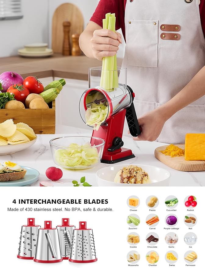 GDL Rotary Cheese Grater Hand Crank - Upgraded Cheese Shredder with 4 Interchangeable Blades, Rotary Grater with Non-slip Suction Base, Easy to Clean Kitchen Grater Slicer Grinder for Vegetable Nuts