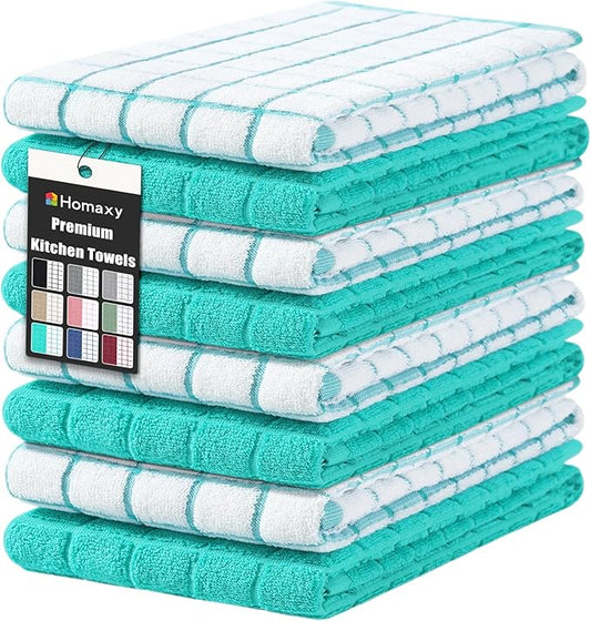 Homaxy Premium Cotton Kitchen Towels 16"x 28", Large Natural Ring Spun 390 GSM Dish Towels, Super Absorbent Terry Kitchen Hand Towels, Soft Tea Towel with Hanging Loop, Aqua Check Design, 8 Pack
