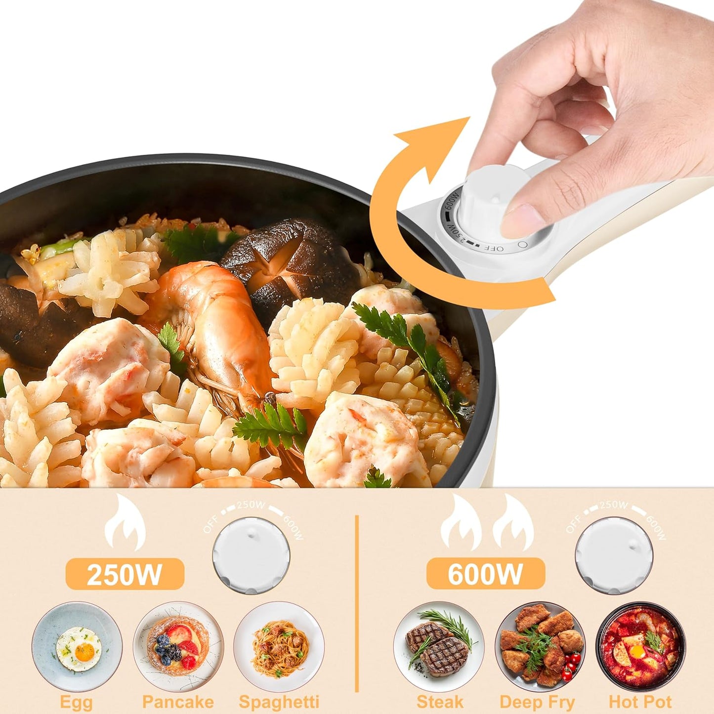 Dezin Hot Pot Electric Upgraded, Non-Stick Sauté Pan, Rapid Noodles Electric Pot, 1.5L Mini Portable Hot Pot for Steak, Egg, Fried Rice, Ramen, Oatmeal, Soup with Power Adjustment