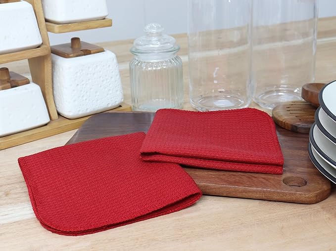 PurpleEssences Dish Cloths and Dish Rags - 6 Pack Waffle Weave Solid Kitchen Dish Wash Cloths, 100% Cotton, 12 x 12 Inches, Ultra Soft Absorbent Quick Drying - Christmas Holiday Winter - Red