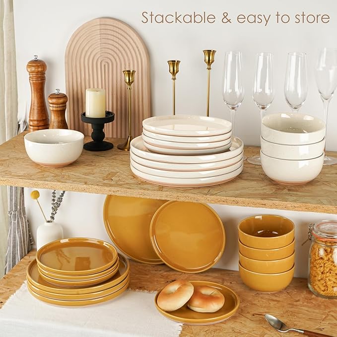 24 Pieces Farmhouse Stoneware Dinnerware Set for 8, Speckled Ceramic Plates and Bowls Set, Matte Terracotta Underside Ceramic Dish Set Scratch Resistant Microwave Dishwasher Safe (Amber Dusk)