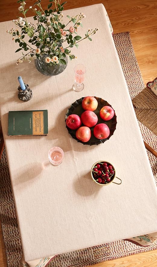 patdrea Designer Beige Tablecloth for Rectangle Tables,Vintage Elegant French Linen with Trees and Kids Pattern Table Cloth,Farmhouse Table Cover Cloth Decor for Kitchen Dining Christmas,63"*87"