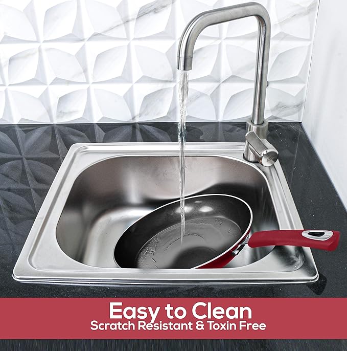 Utopia Kitchen Nonstick Cookware 3 Piece Set, Non-Stick Frying Pans with Induction Bottom, 8, 9.5 & 11 Inches Frying Pans with Bakelite Handles, PFOA Free, Red & Black