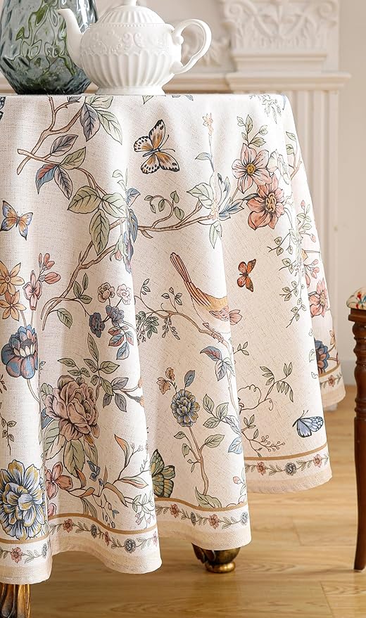 French Tablecloth for Round Tables,Linen Table Cloth with Flowers and Birds Pattern,Heavy Durable Table Cover for Dining Thanksgiving Kitchen Decor Party Christmas,Diameter 67"