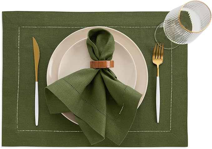 Solino Home Linen Cloth Placemats Set of 4-100% Pure Linen Hemstitch Olive Placemats 14 x 19 Inch - Classic Hemstitch Table Place Mats for Fall, Autumn, Thanksgiving, Christmas