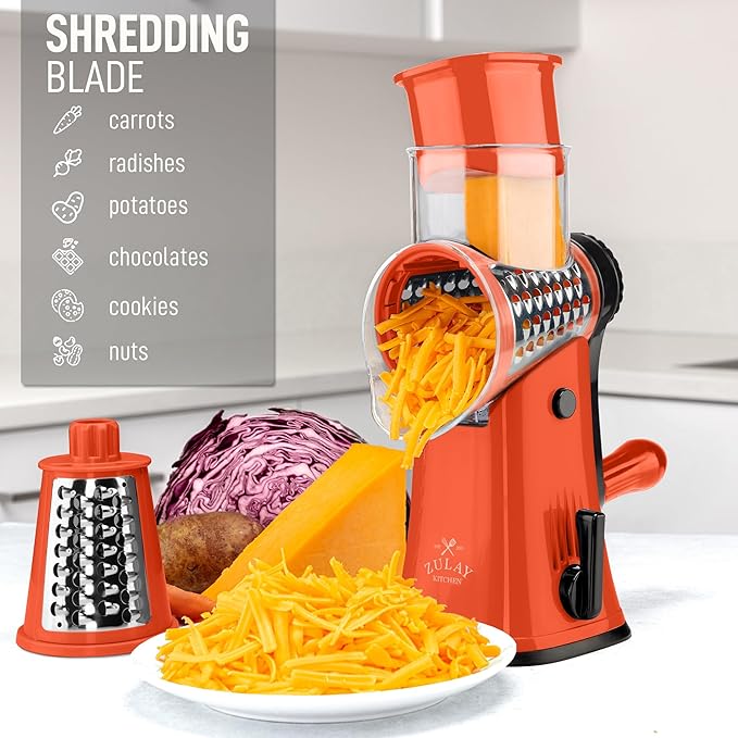 Zulay Kitchen Rotary Cheese Grater 5 Blade Cheese Shredder - Manual Hand Crank Cheese Grater With Reinforced Suction & 5 Interchangeable Drums - Easy to Use, Vegetable Chopper Round Mandoline Slicer