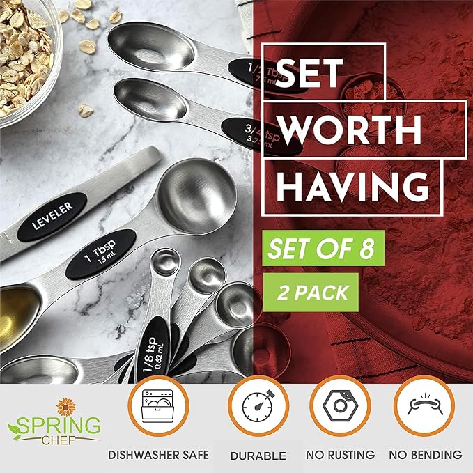 Spring Chef Stainless Steel Magnetic Measuring Spoons Set of 8 with Leveler, Dual Sided Metal Teaspoon & Tablespoon Measuring Spoons, Nesting Kitchen Gadgets for Baking & Cooking - 2 Pack - Black