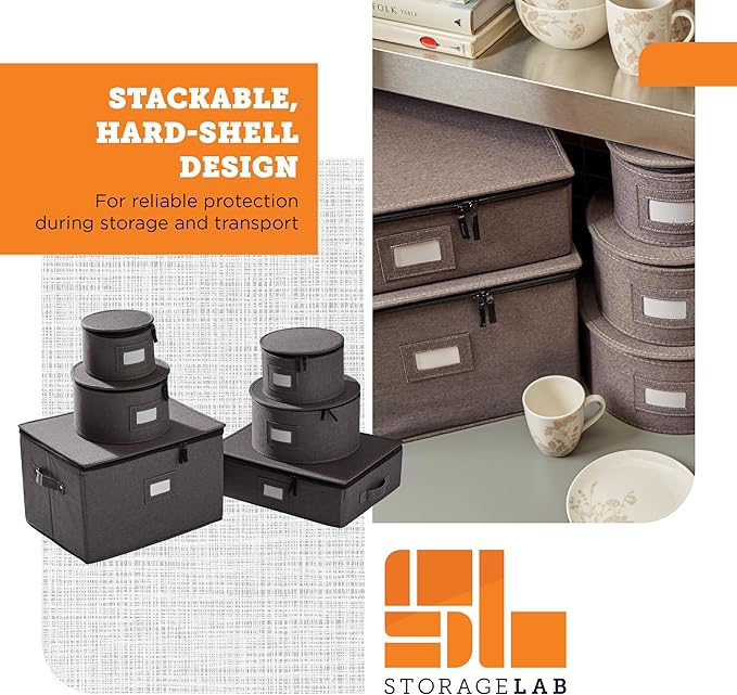 storageLAB China Storage Containers, Hard Shell Case with Felt Dividers for Charger Plates, and Dishes, Ideal for Kitchen Organization, Moving Supplies, and Fine China Storage - 6-Piece Set, Gray