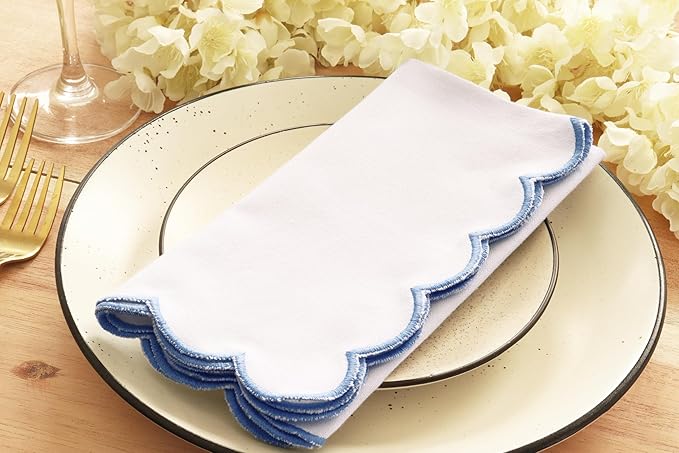 PurpleEssences Scalloped Embroidery Cloth Napkins Christmas Holiday Winter Table Decor 100% Cotton Set of 4-18 x 18 inch - White - Edges - Light Blue
