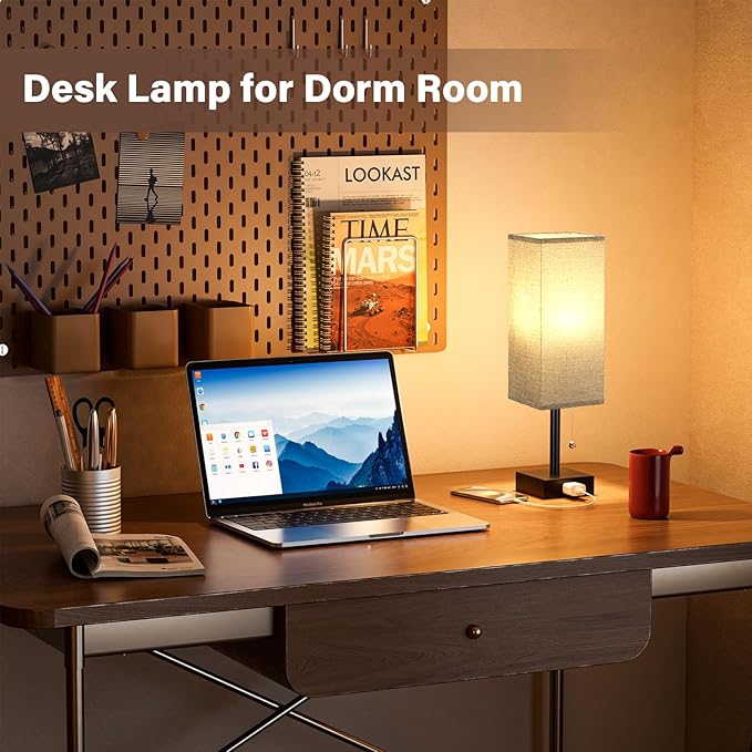 Grey Bedside Lamps for Bedroom Set of 2 - Small Nightstand Lamp with AC Outlet Charging Port, 3 Color Temperatures Rectangular Desk Light with Bulb, Tabletop Reading Lamp for Living Room/Dorm/Office