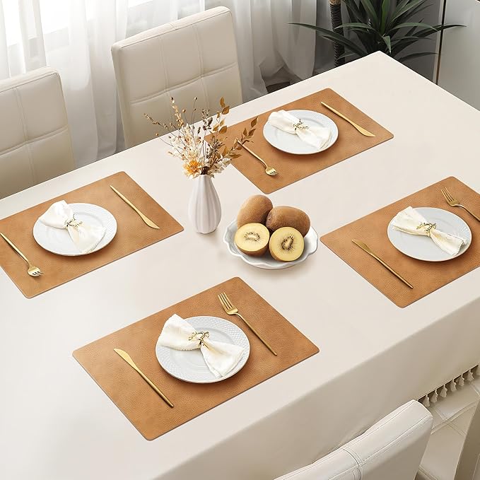 Roxifina Faux Leather Placemats Set of 8 - Vinyl Placemats Wipeable Waterproof Oil-Proof PU Place Mats Heat Resistant Reversible Table Mats for Dining, Kitchen, Outdoor, 12 x 17 Inch (Camel)