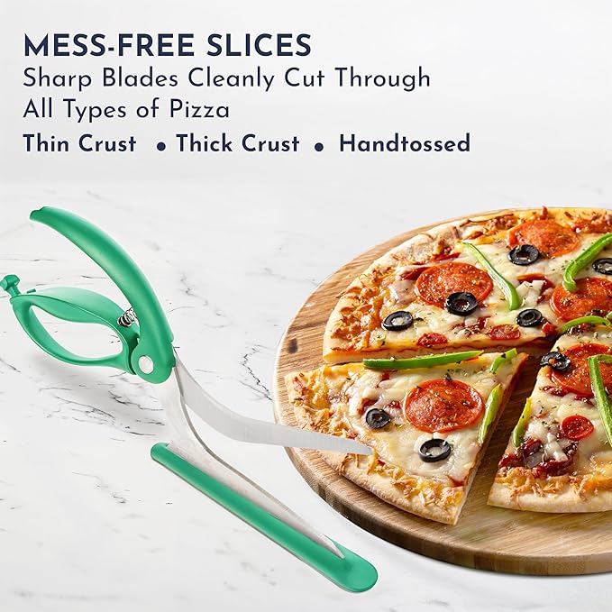 Loftern Green Pizza Scissors - Non-Stick Pizza Scissors with Firm Grip Base - Food Grade Stainless Steel Pizza Cutter - 5-in-1 Food Slicer & Pizza Server - Durable, Safe & Mess Free