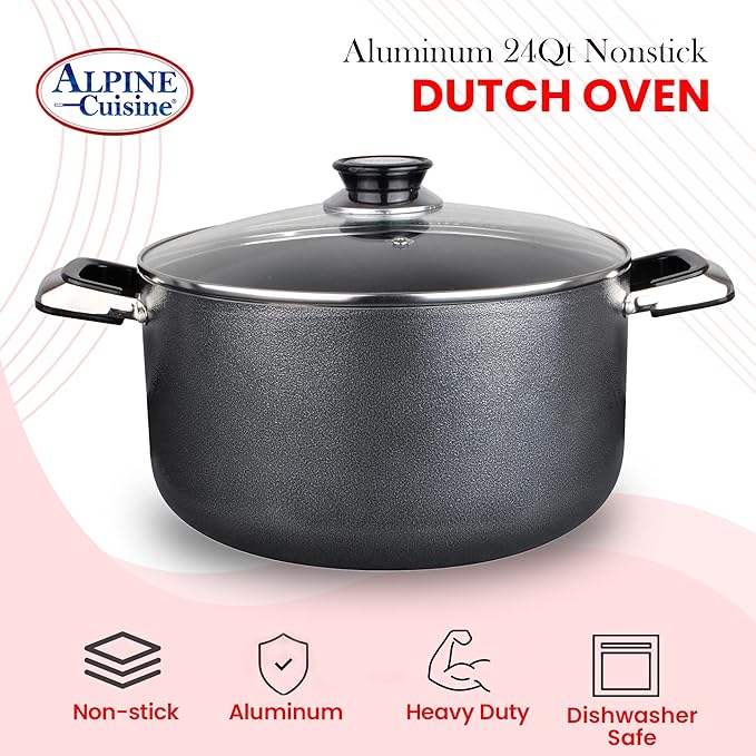 Alpine Cuisine 24 Quart Non-stick Stock Pot with Tempered Glass Lid and Carrying Handles, Multi-Purpose Cookware Aluminum Dutch Oven for Braising, Boiling, Stewing
