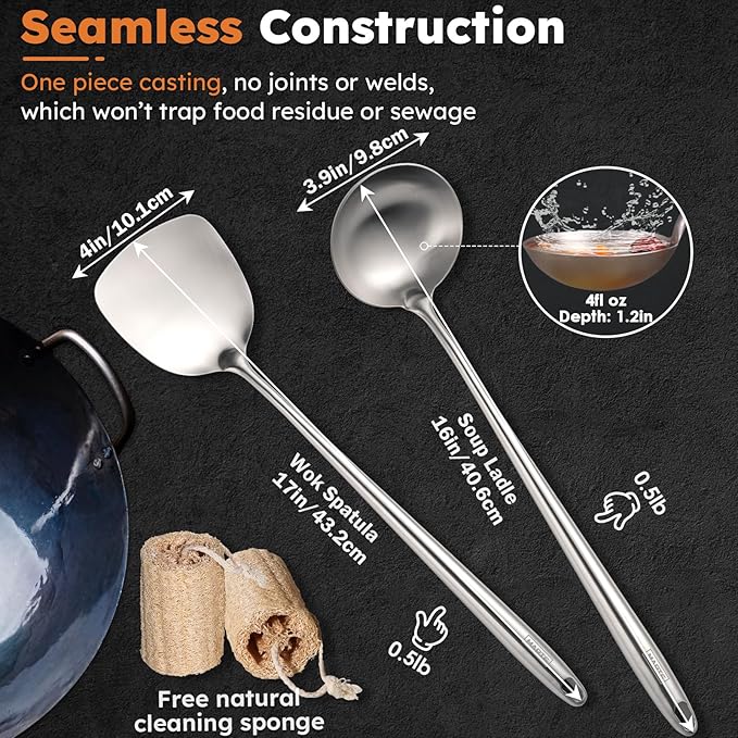 MARTE 17’’ Wok Spatula and Ladle Tools Set，[High Grade,Rustproof, Integral Forming, Heat Resistant],18/10 Stainless Steel Wok Utensils for Cooking，Ergonomic Wok Accessories Set of 2 for Kitchen